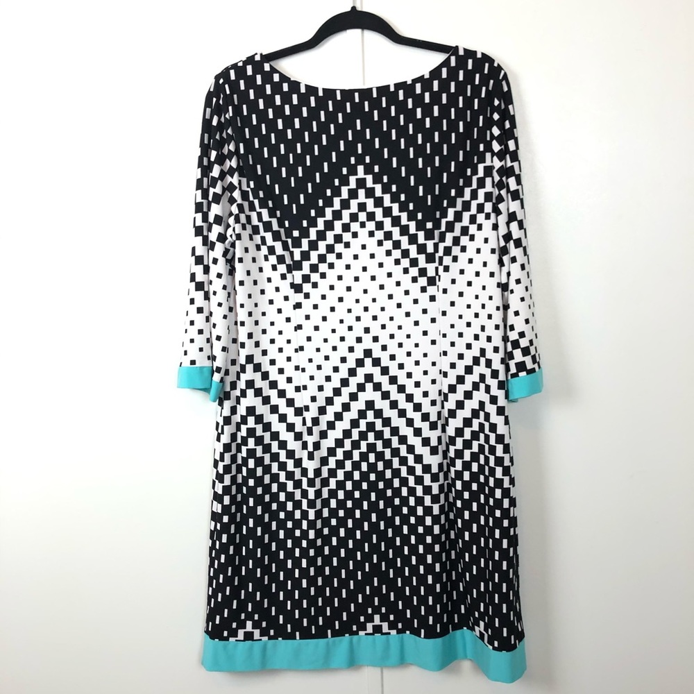 Signature Camryn Dress Fully Lined 3/4 Sleeve Abstract White Black Turquoise 16